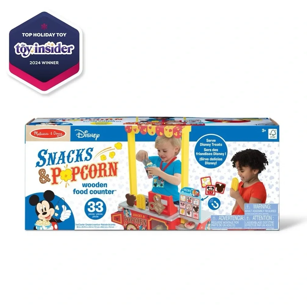 Melissa & Doug Disney Snacks & Popcorn Wooden Play Food Counter – 33pc